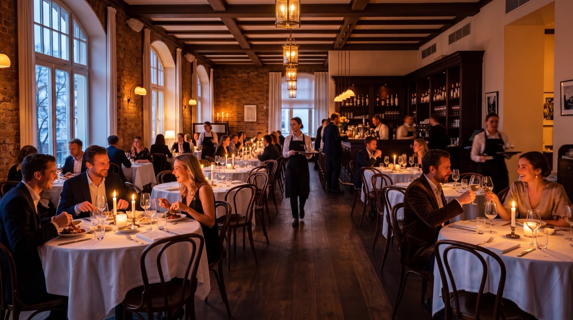 Warm, candle-lit restaurant dining room during a busy evening service